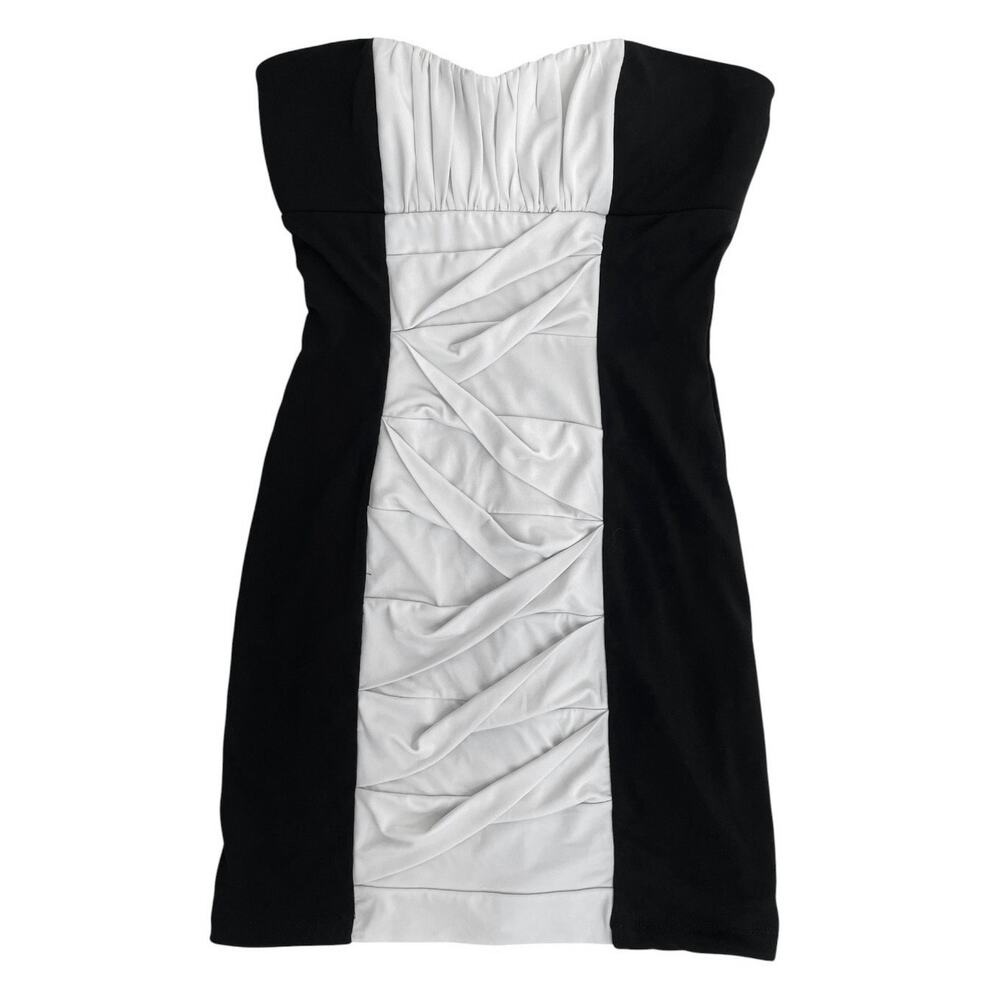Ruby Rox Black & White Ruched Bodycon Strapless Mini Dress - Picture 2 of 7